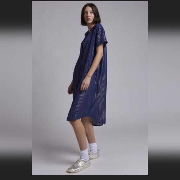WILDFANG Navy Short sleeve button-down midi length pinstripe shirt dress Large - Picture 1 of 14